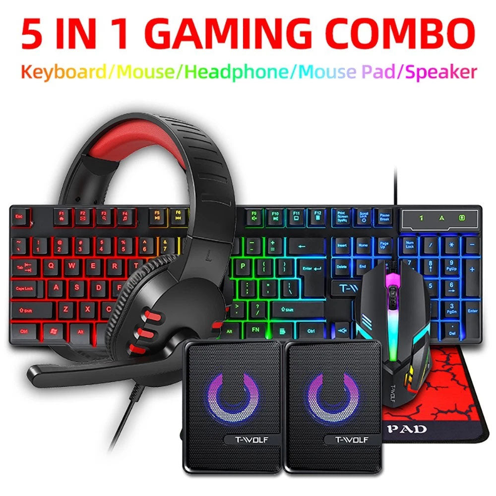5 in 1 Layout Wired 104 Keys Gaming Keyboard Mouse Headphone Speaker RGB PC Xbox
