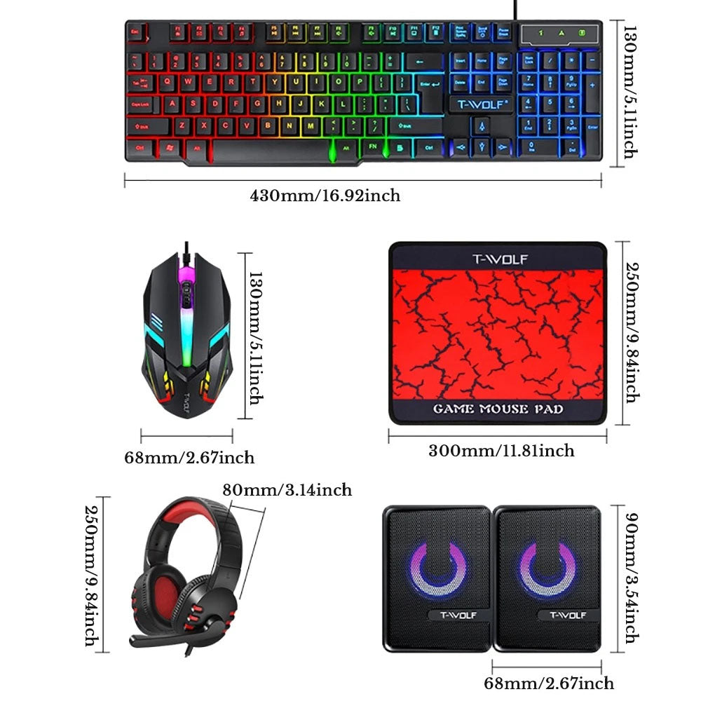 5 in 1 Layout Wired 104 Keys Gaming Keyboard Mouse Headphone Speaker RGB PC Xbox