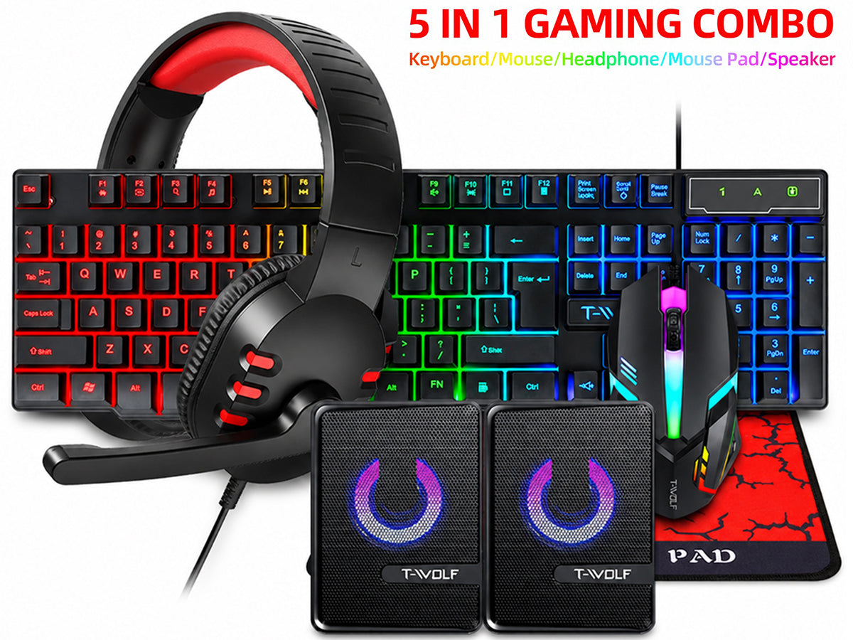 5 in 1 Layout Wired 104 Keys Gaming Keyboard Mouse Headphone Speaker RGB PC Xbox