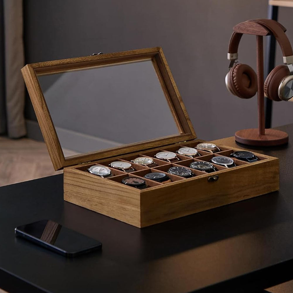 12 Slot Wood Watch Box With Large Glass Lid - Rustic Walnut