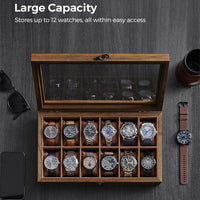 Thumbnail for 12 Slot Wood Watch Box With Large Glass Lid - Rustic Walnut