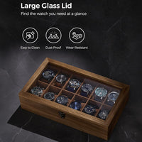 Thumbnail for 12 Slot Wood Watch Box With Large Glass Lid - Rustic Walnut