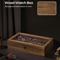 Thumbnail for 12 Slot Wood Watch Box With Large Glass Lid - Rustic Walnut