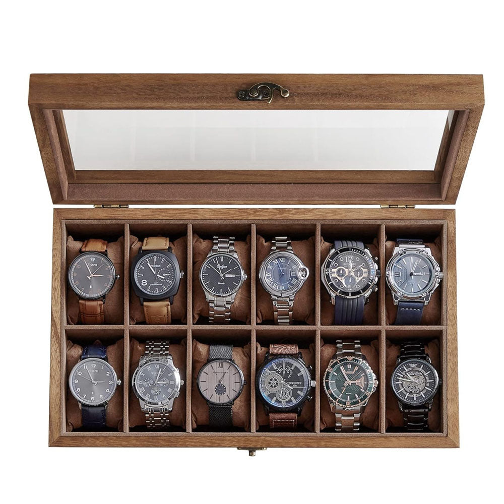 12 Slot Wood Watch Box With Large Glass Lid - Rustic Walnut