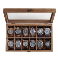 Thumbnail for 12 Slot Wood Watch Box With Large Glass Lid - Rustic Walnut