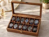 Thumbnail for 12 Slot Wood Watch Box With Large Glass Lid - Rustic Walnut