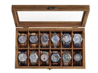 Thumbnail for 12 Slot Wood Watch Box With Large Glass Lid - Rustic Walnut