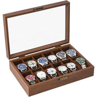 Thumbnail for 12 Slot Wood Watch Box With Large Glass Lid - Rustic Walnut
