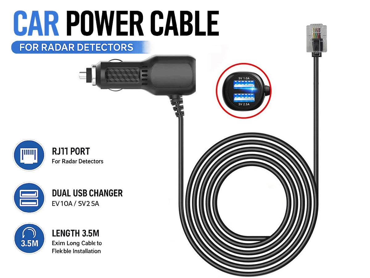 Radar Detector Power Cord – 3.5M RJ11 Cable with Dual USB Charging Ports