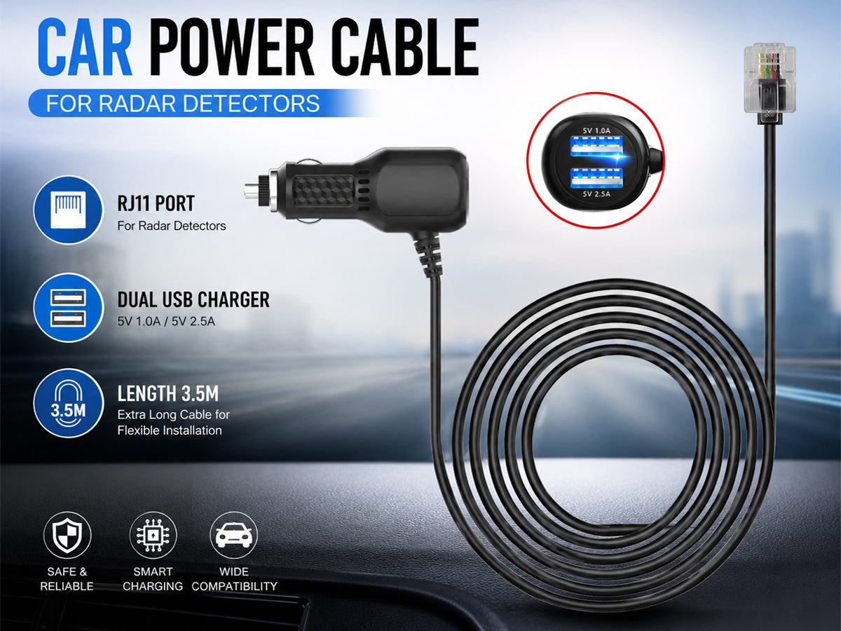 Radar Detector Power Cord – 3.5M RJ11 Cable with Dual USB Charging Ports