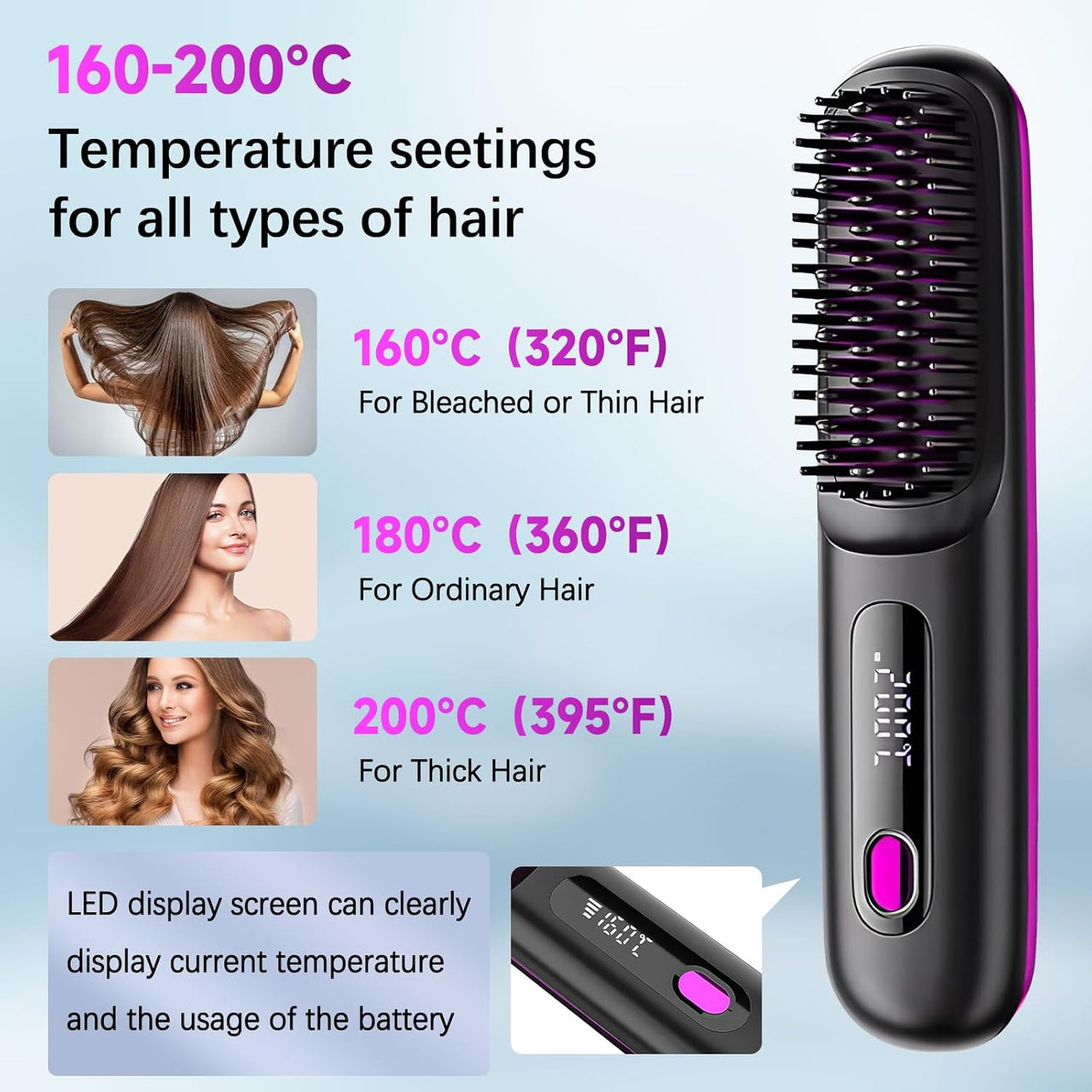 Cordless Hair Straightener Brush 3 Setting