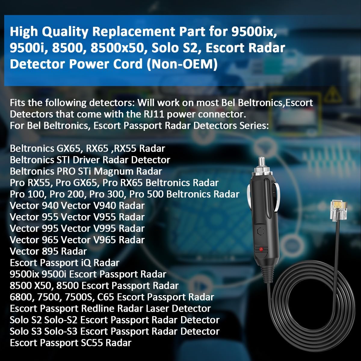 Power Cable Cord for Escort, Beltronic, V1 & Uniden Radar Detectors