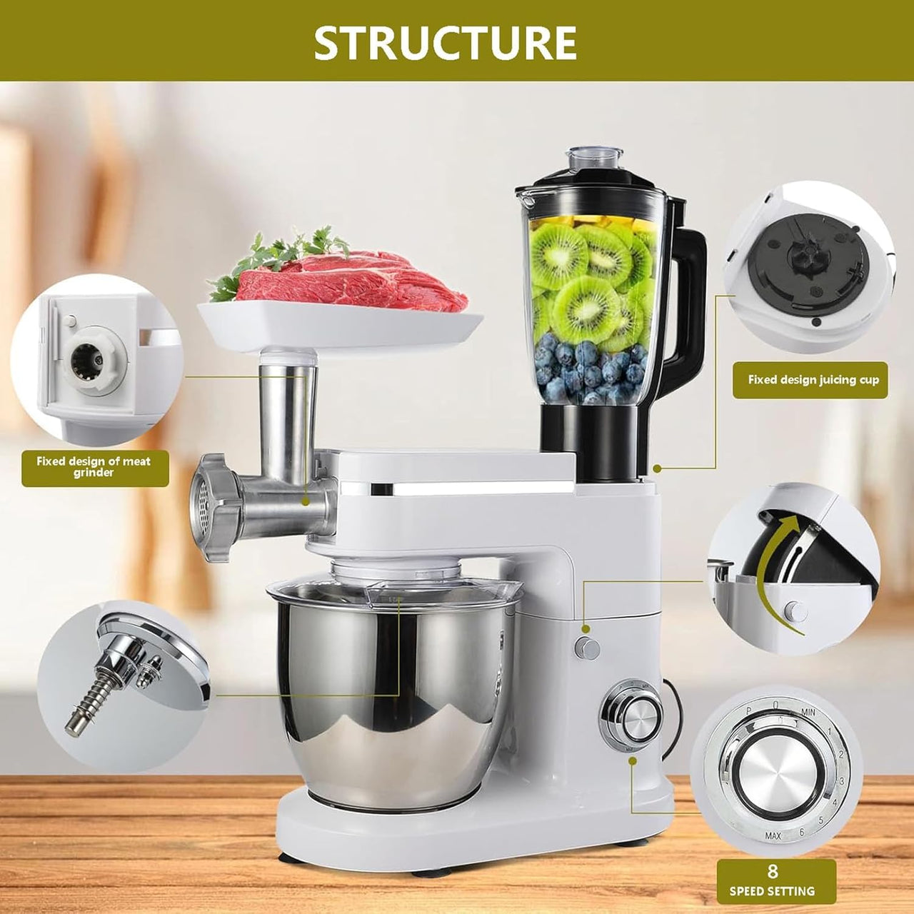 1500W 6L Kitchen Stand Mixer Stainless Steel Bowl with Blender