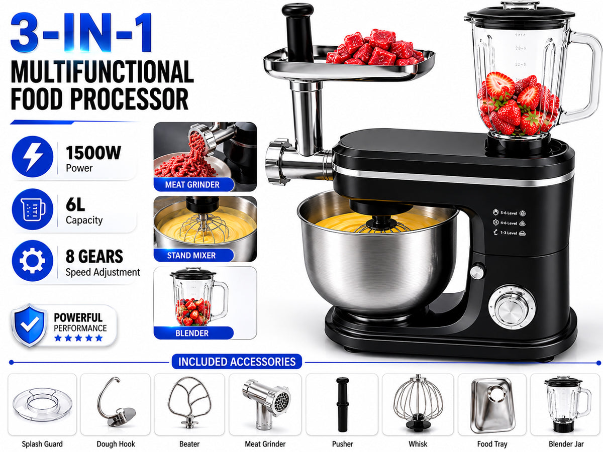 1500W 6L Kitchen Stand Mixer Stainless Steel Bowl with Blender