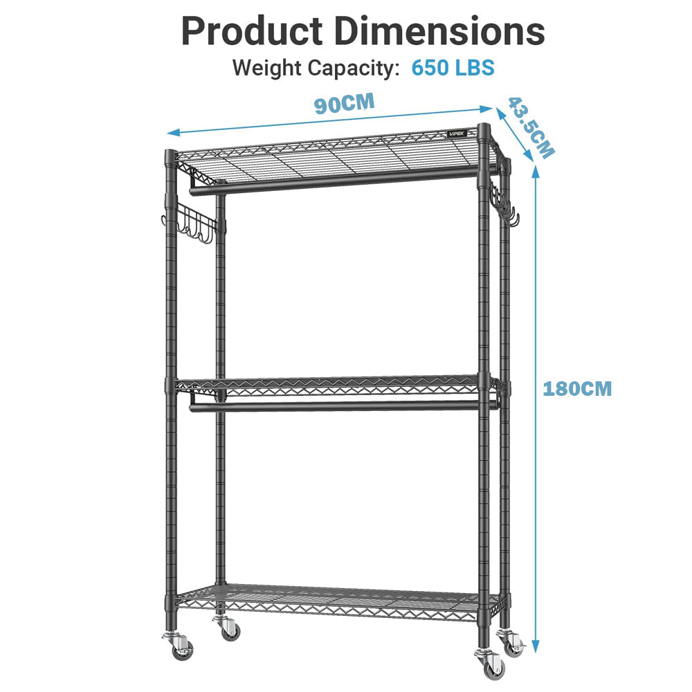Clothes Rack Stand - Portable Closets Heavy Duty Rolling Garment Rack 3 Tiers
