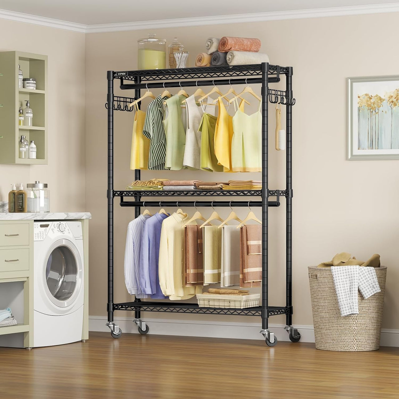 Clothes Rack Stand - Portable Closets Heavy Duty Rolling Garment Rack 3 Tiers