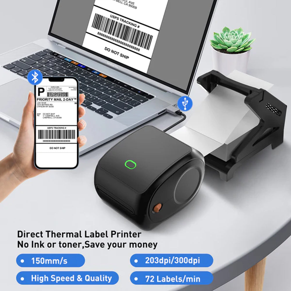 Compact Bluetooth Thermal Label Printer - Direct Thermal, High-Speed 203 DPI
