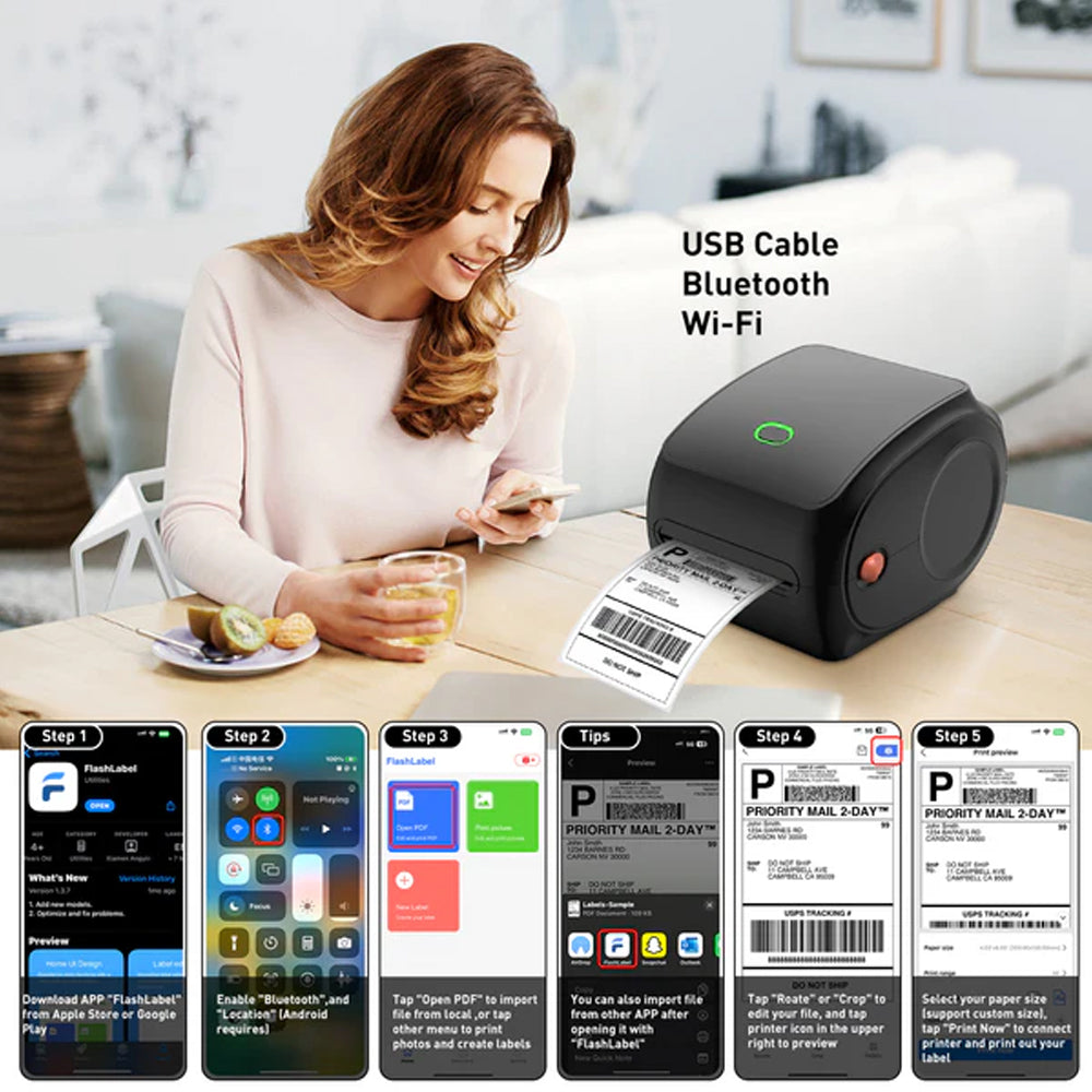 Compact Bluetooth Thermal Label Printer - Direct Thermal, High-Speed 203 DPI