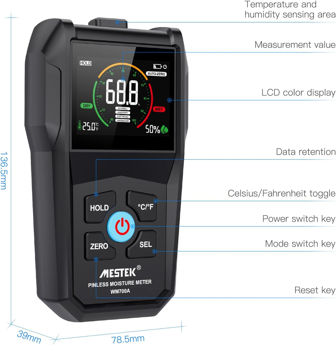 Inductive Pinless Moisture Meter with Colour Display