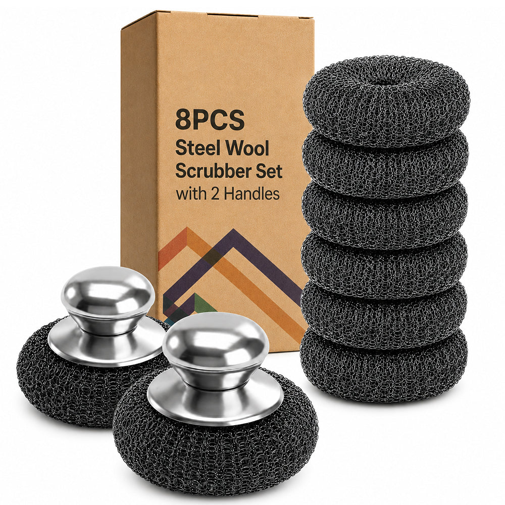 8PCS Steel Wool Scrubber Set with 2 Handles