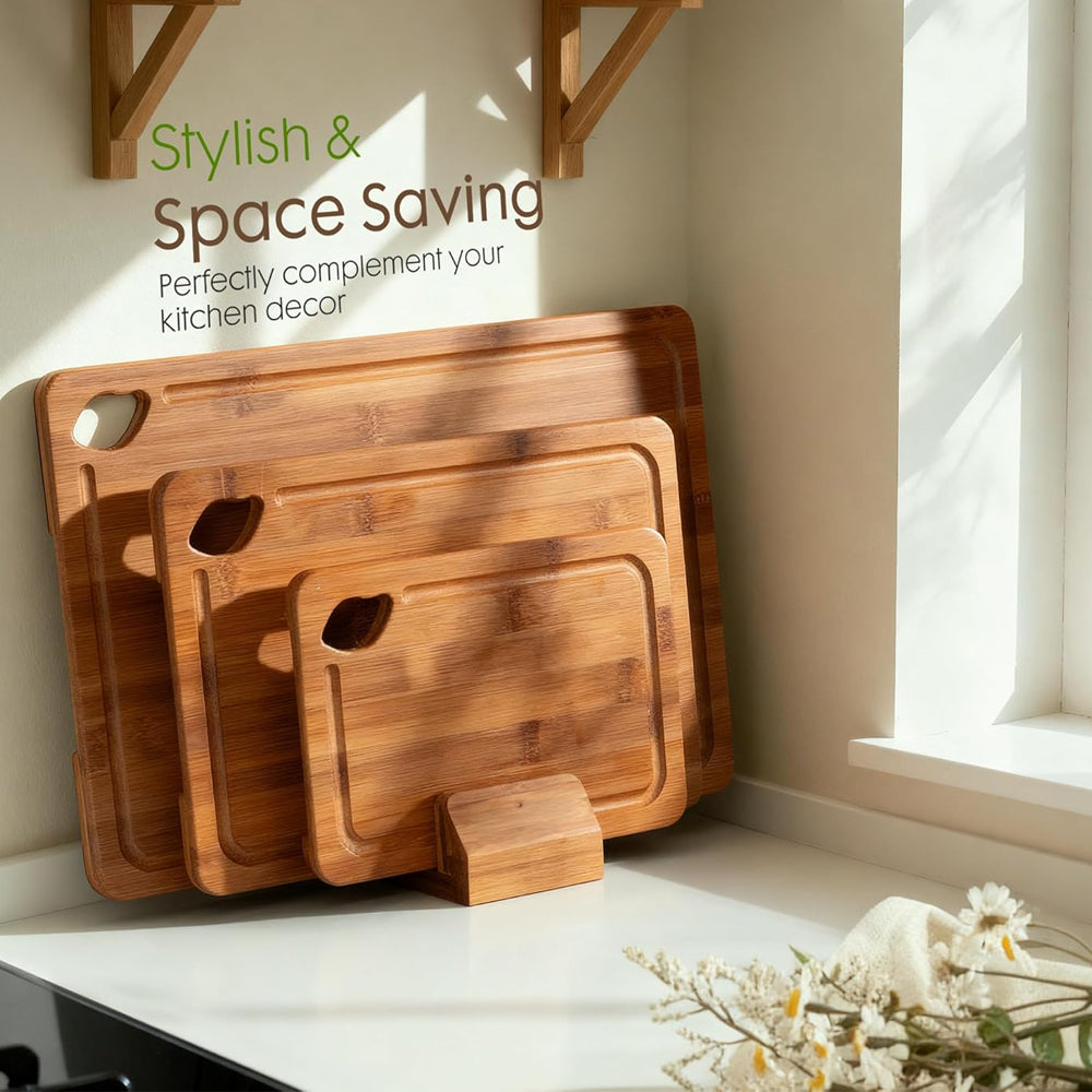 3Pcs Bamboo Chopping Board Set with Wood Storage Stand