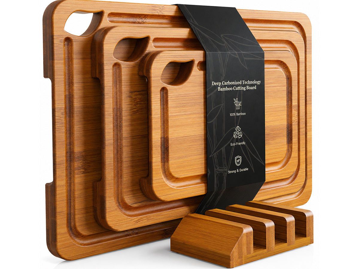 3Pcs Bamboo Chopping Board Set with Wood Storage Stand