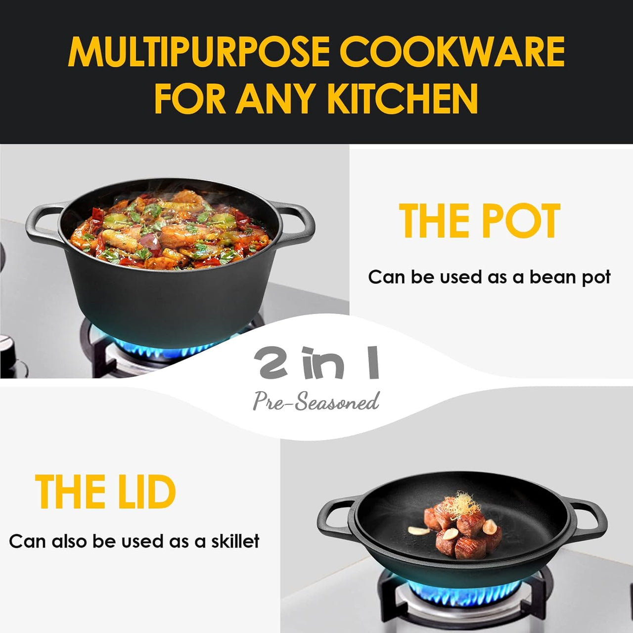 Cast Iron Dutch Oven 2 in 1 Cast Iron Dutch Oven Skillet Lid Set