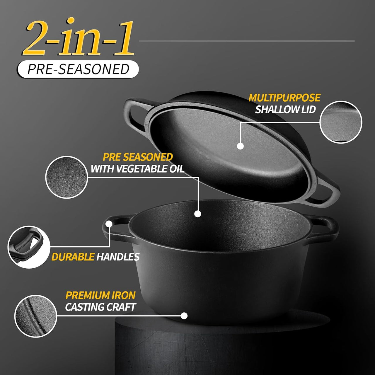Cast Iron Dutch Oven 2 in 1 Cast Iron Dutch Oven Skillet Lid Set
