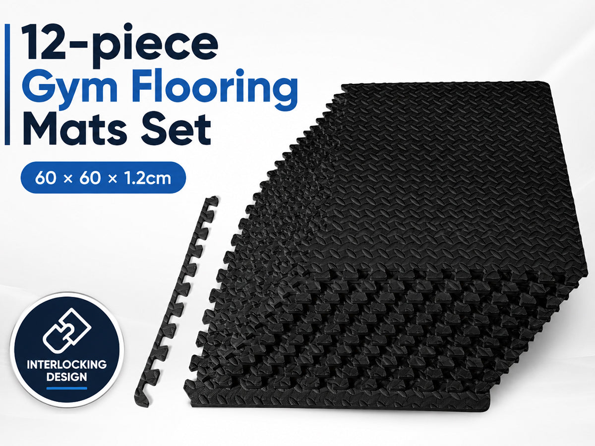12 Pack EVA Foam Gym Interlocking Floor Puzzle Mats - Black