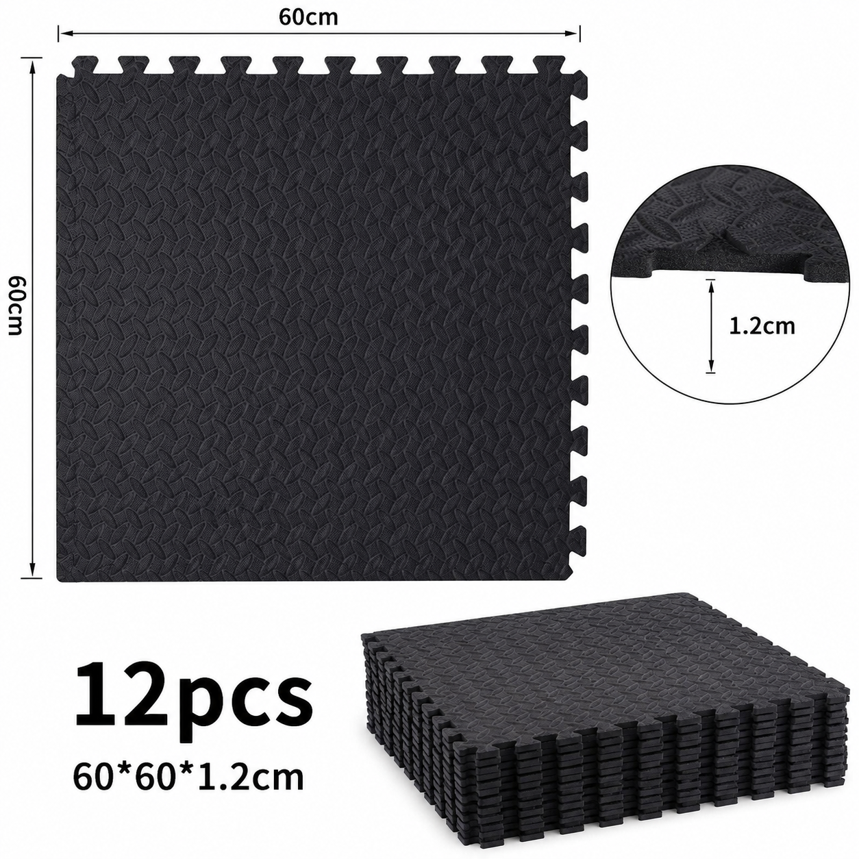 12 Pack EVA Foam Gym Interlocking Floor Puzzle Mats - Black