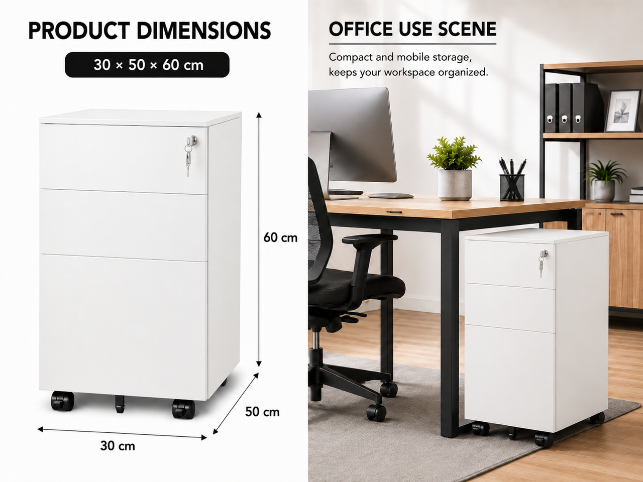 Office Filing Cabinet with Wheels, Lock File Organiser