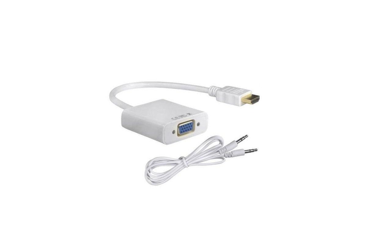 Adapter connecting HDMI laptop to VGA monitor
