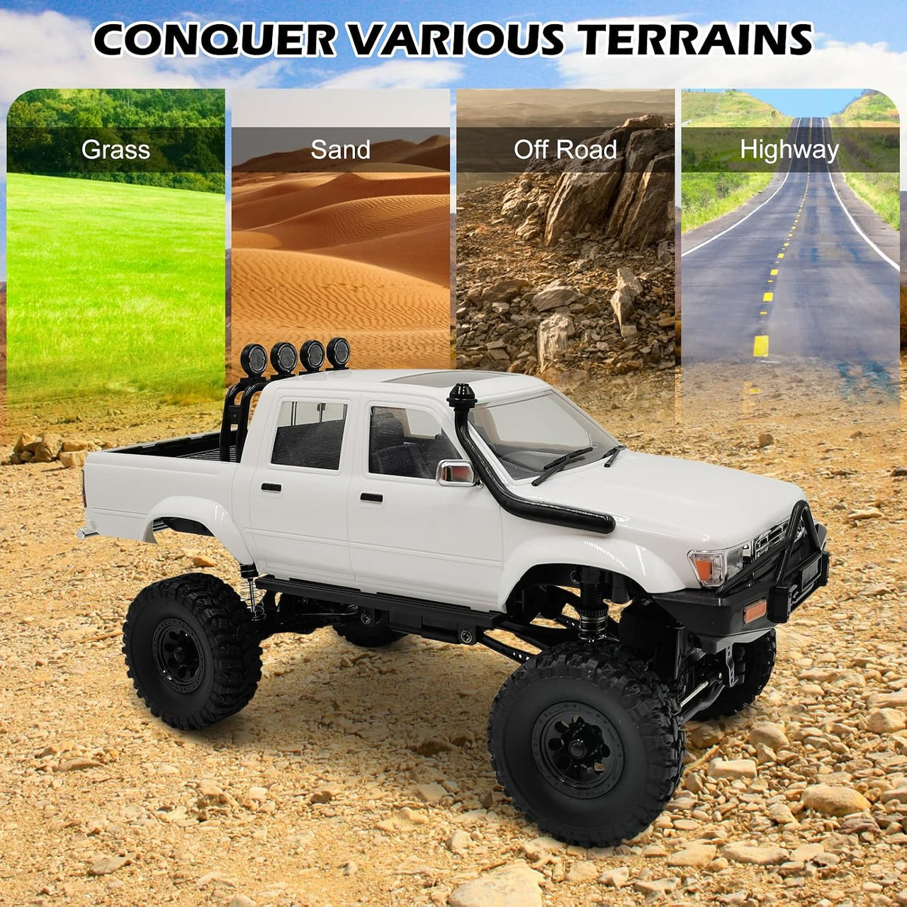 RC Rock Crawler – 1:16 Scale 4WD SUV with LED Lights, Snorkel, Roof Rack and 2 Batteries