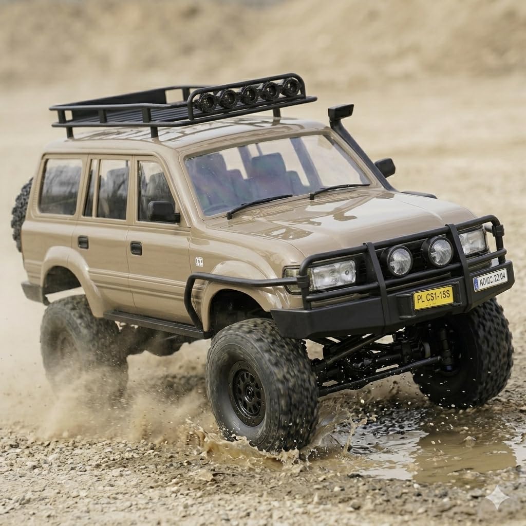 RC Rock Crawler – 1:16 Scale 4WD SUV with LED Lights, Snorkel, Roof Rack, Spare Tyre and 2 Batteries