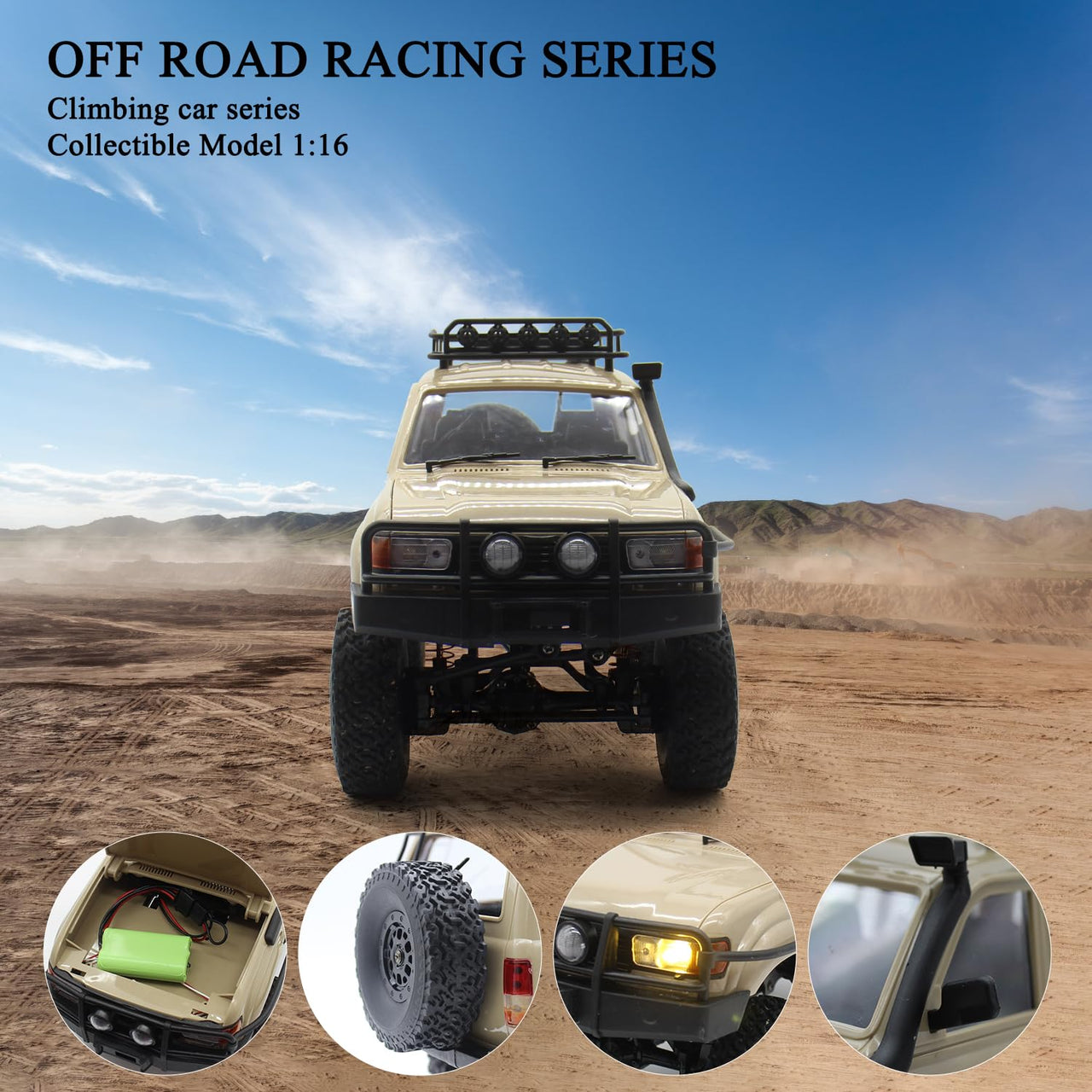 RC Rock Crawler – 1:16 Scale 4WD SUV with LED Lights, Snorkel, Roof Rack, Spare Tyre and 2 Batteries
