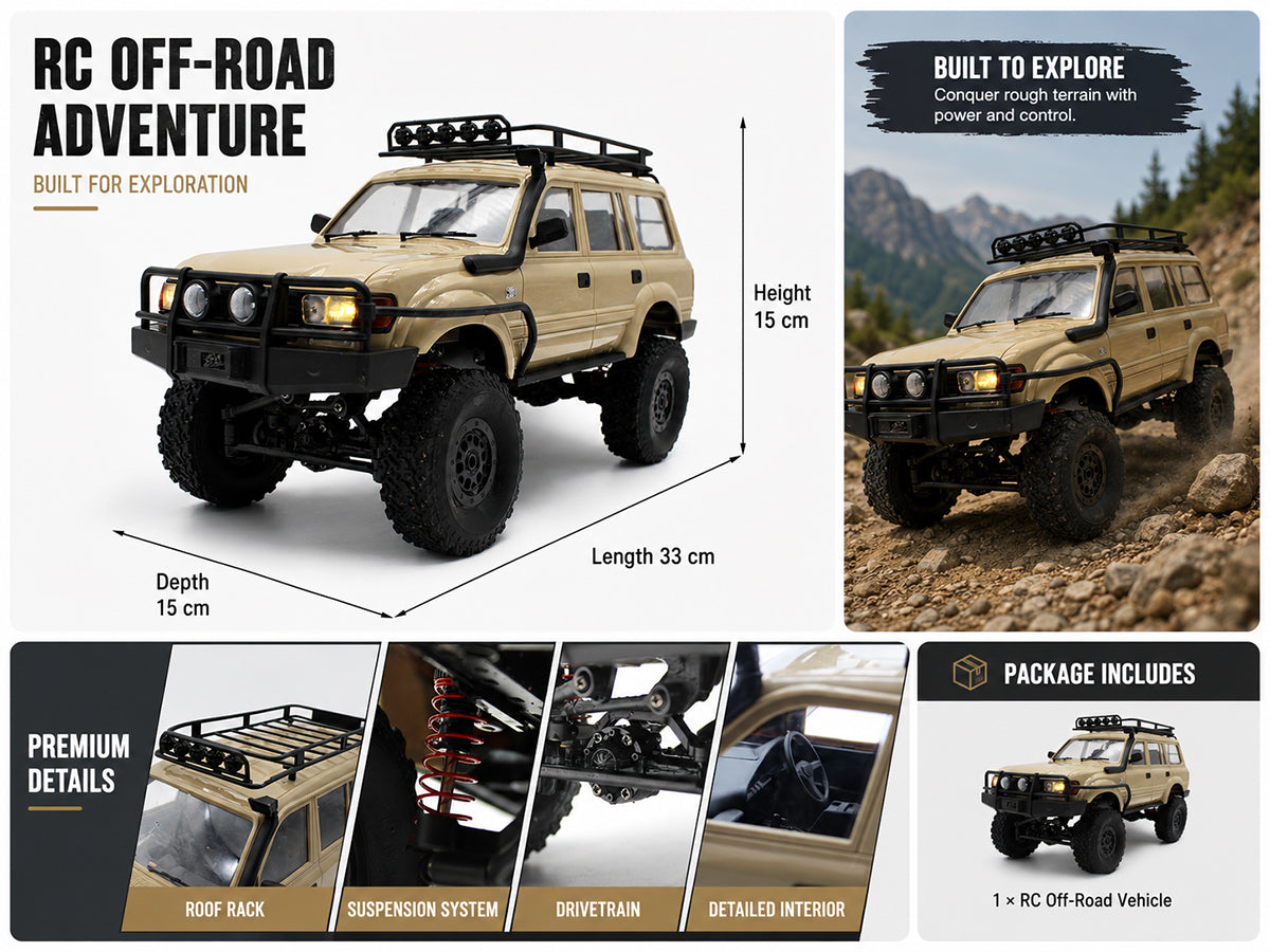 RC Rock Crawler – 1:16 Scale 4WD SUV with LED Lights, Snorkel, Roof Rack, Spare Tyre and 2 Batteries