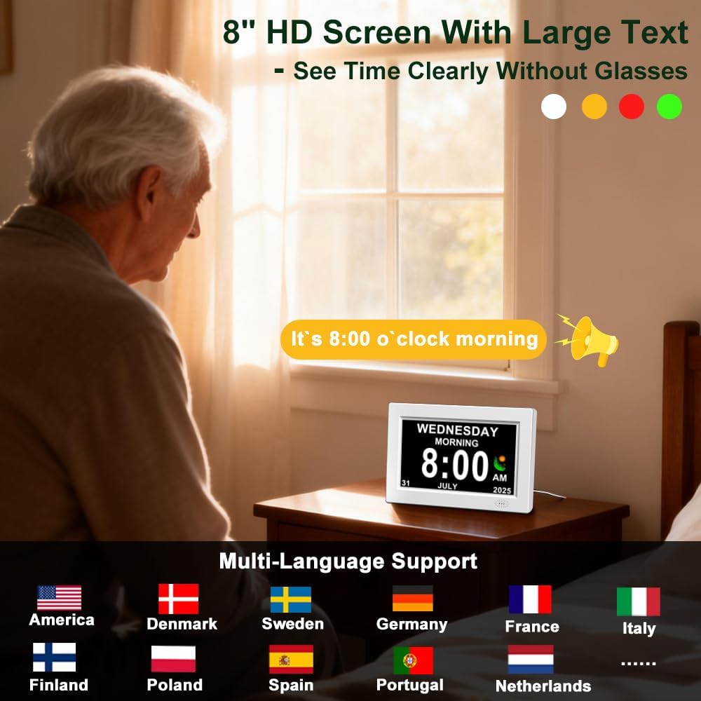 8inch LED Dementia Digital Calendar Clock Alarm Extra Large Day/Week/Month/Year
