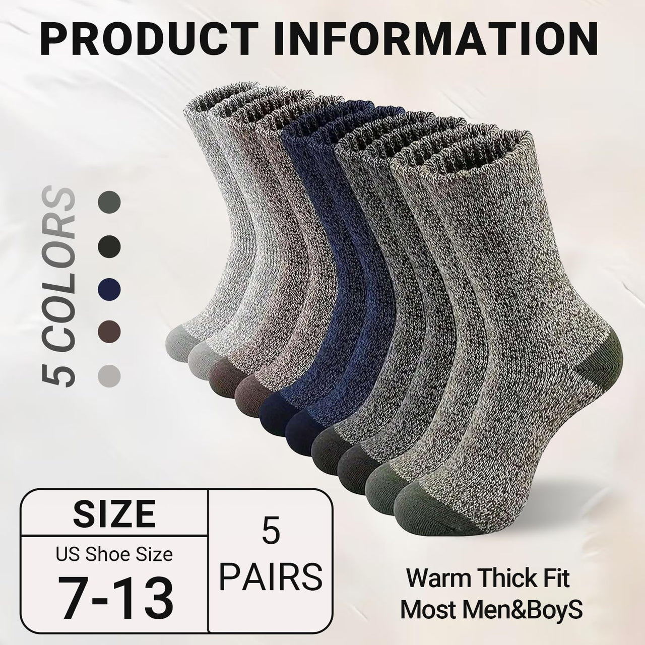 5 Pair Merino Wool Socks for Men Thick