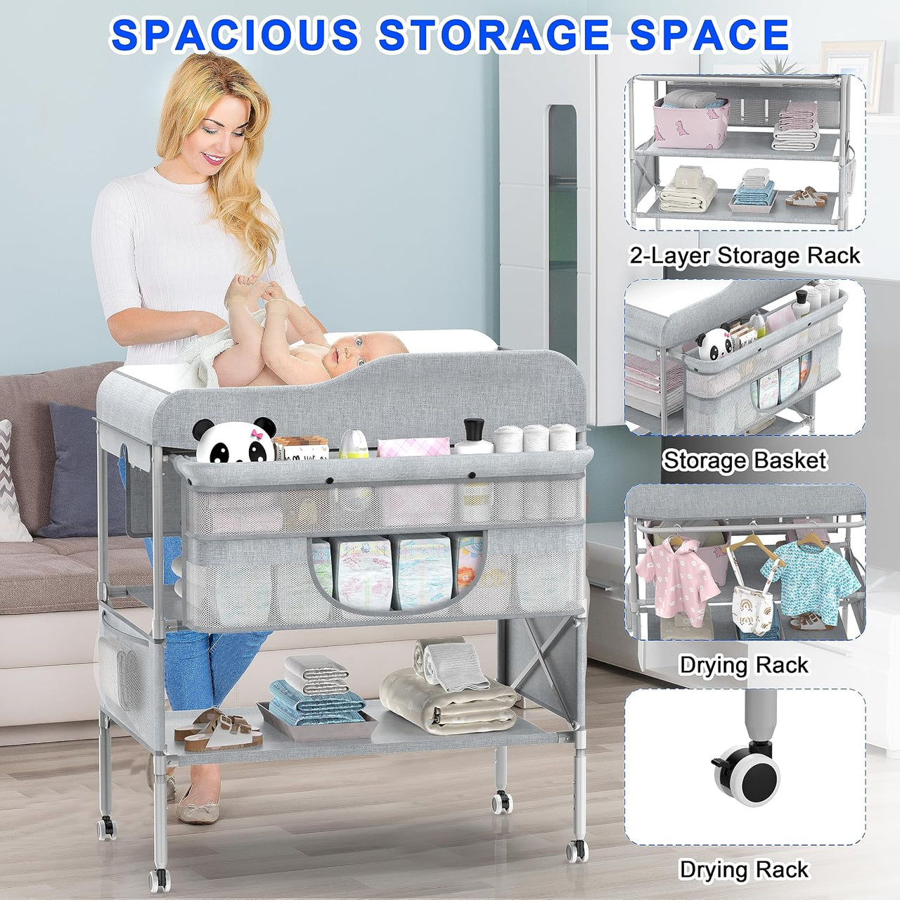 Foldable Nappy Changing Table with Storage