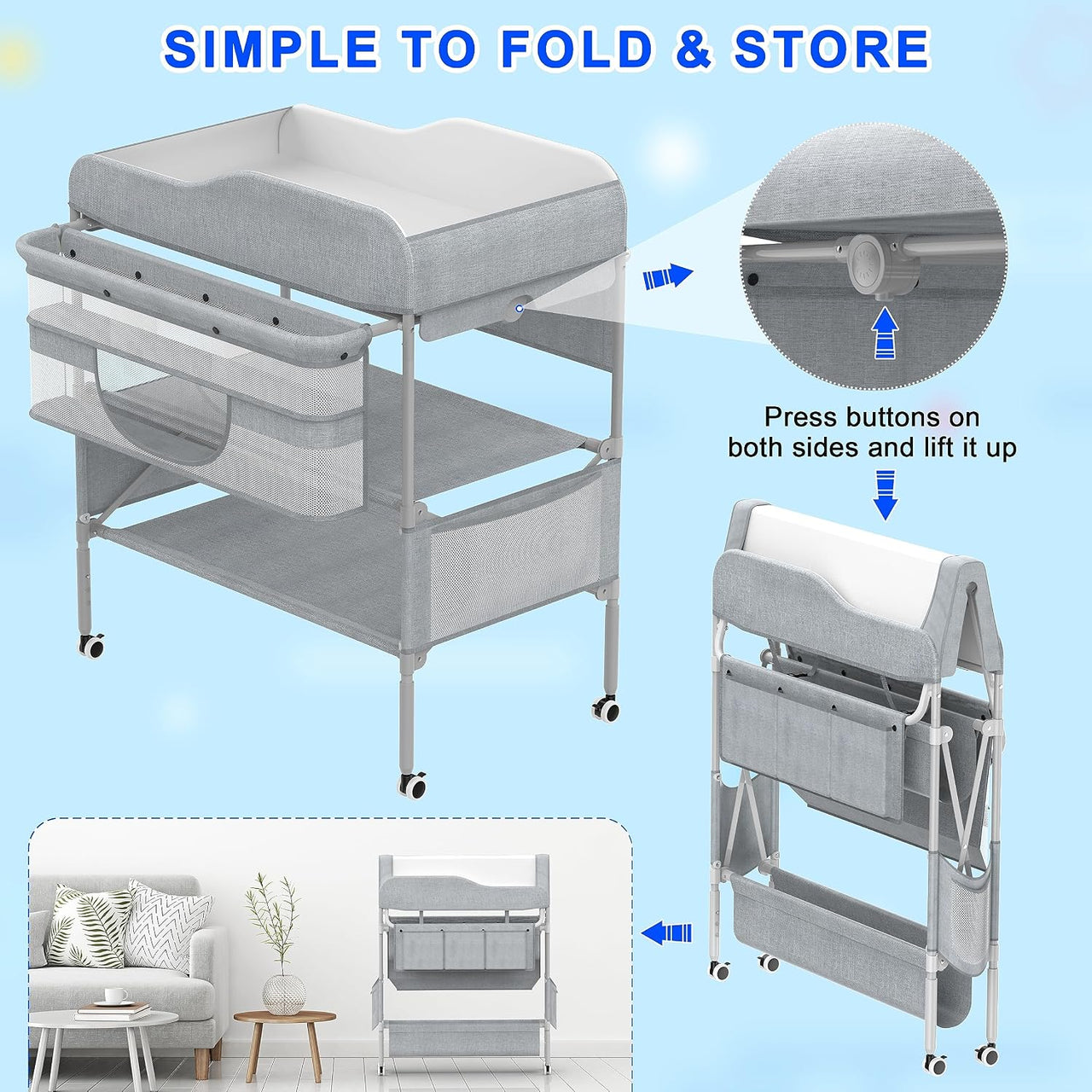 Foldable Nappy Changing Table with Storage