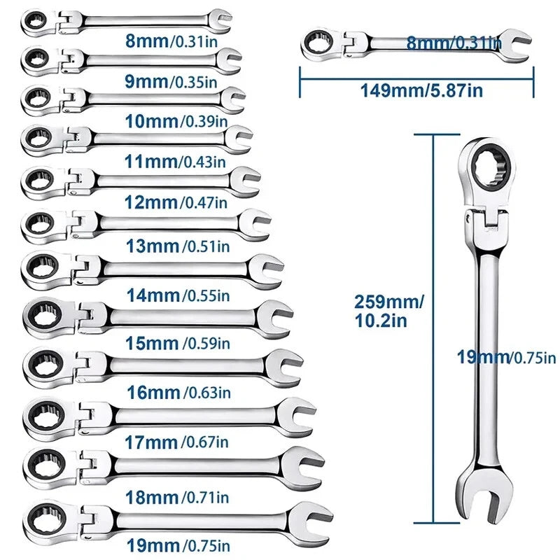 12Pc Metric Flexi Head Ratchet Spanner Wrench Set