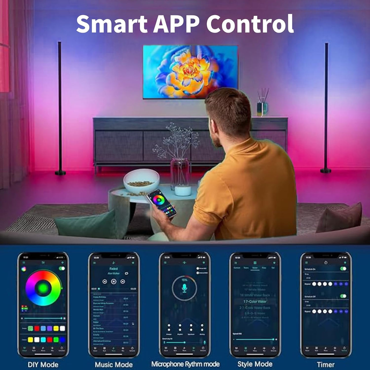 Corner LED RGB Floor Lamp With Music Sync App & Remote Control