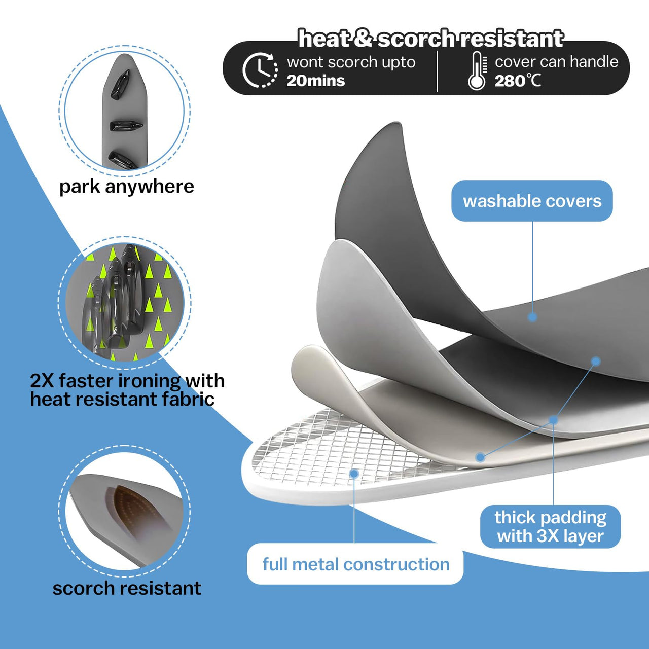 Wall Mounted Ironing Board with Height Adjustment Foldable