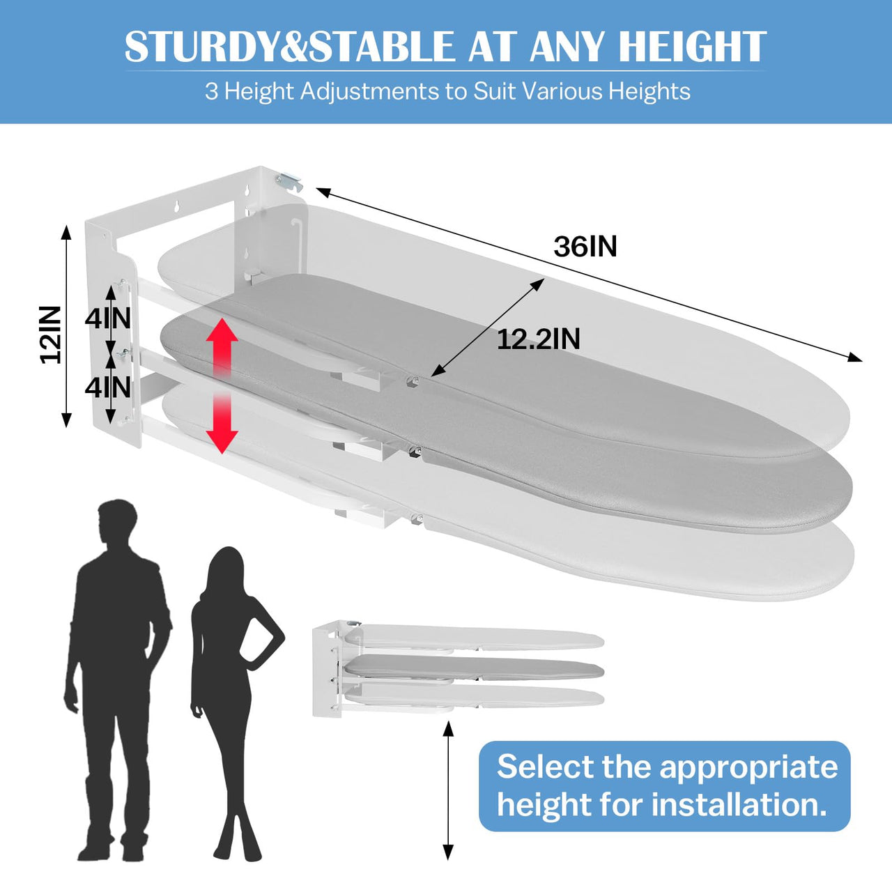 Wall Mounted Ironing Board with Height Adjustment Foldable