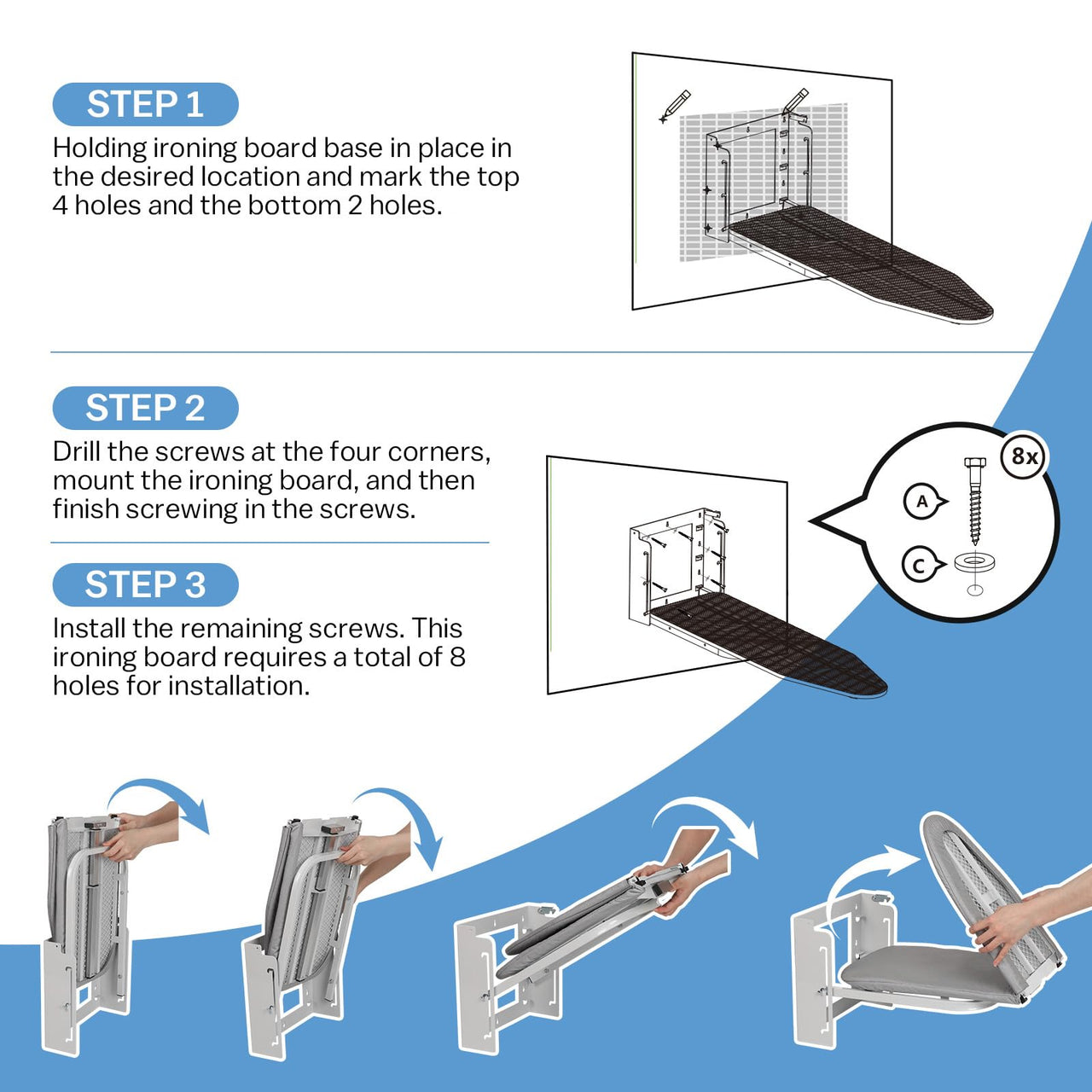 Wall Mounted Ironing Board with Height Adjustment Foldable