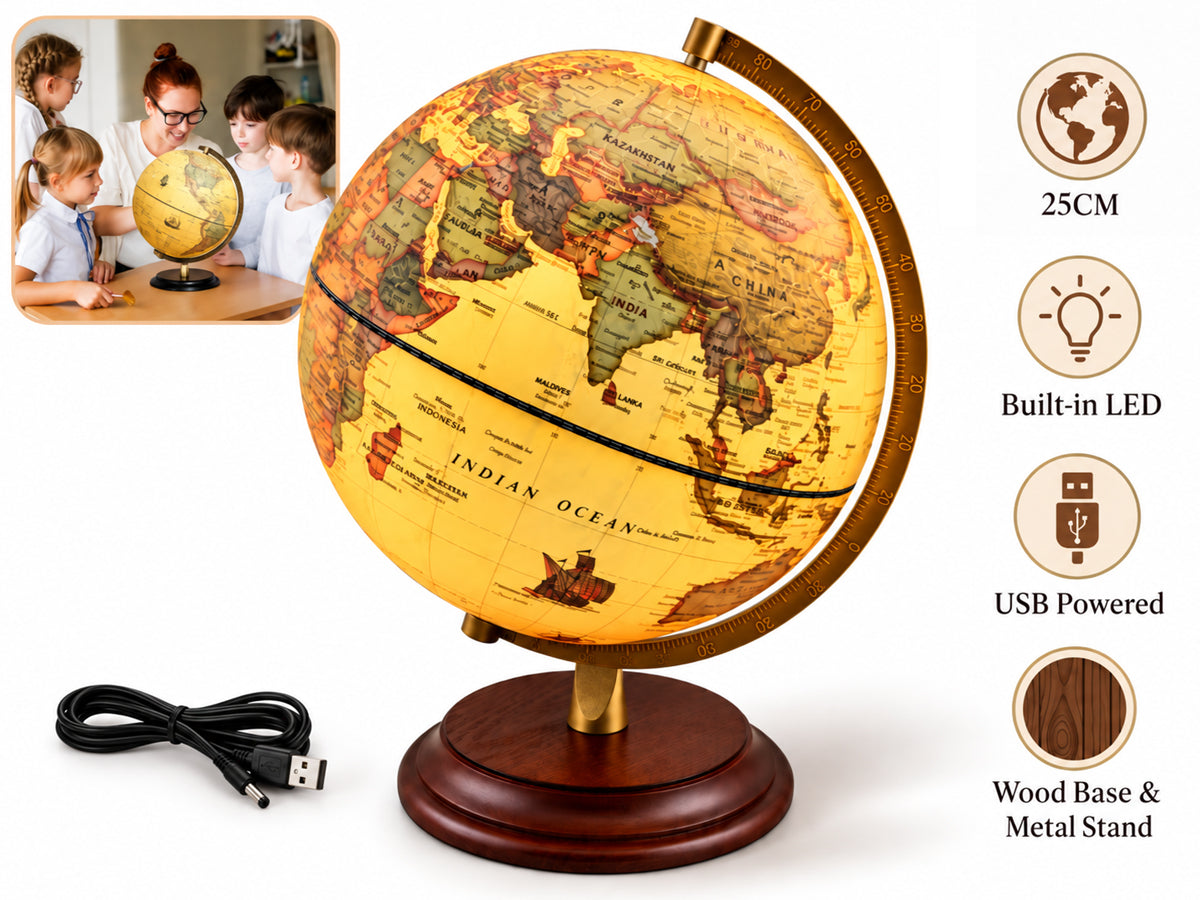 Illuminated Antique World Globe 25CM
