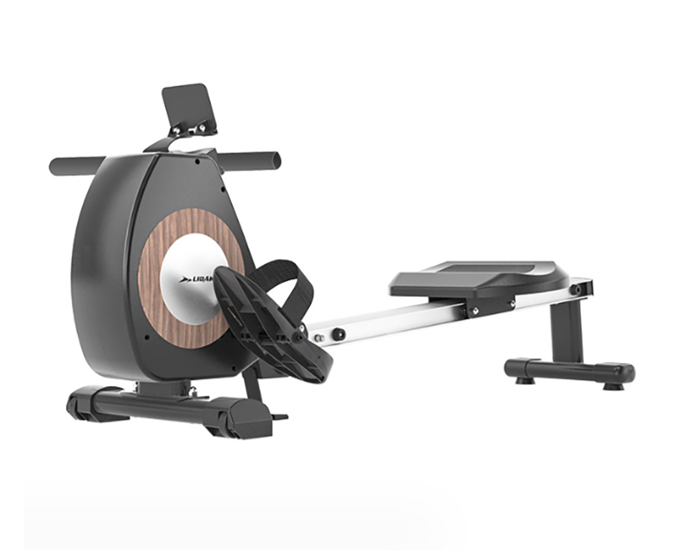 Rowing machine folded for compact storage
