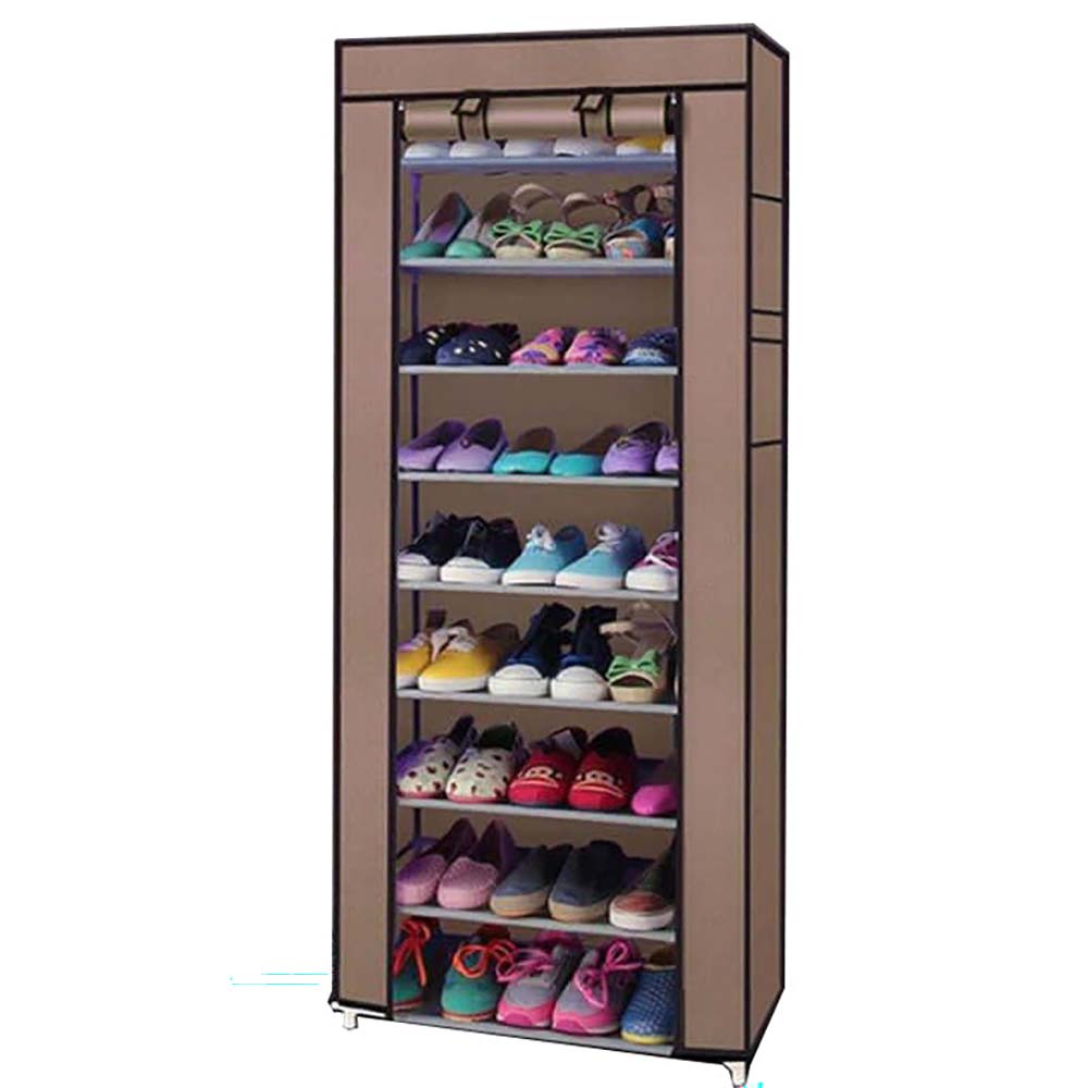 Shoe rack side view showing sturdy steel pipe supports