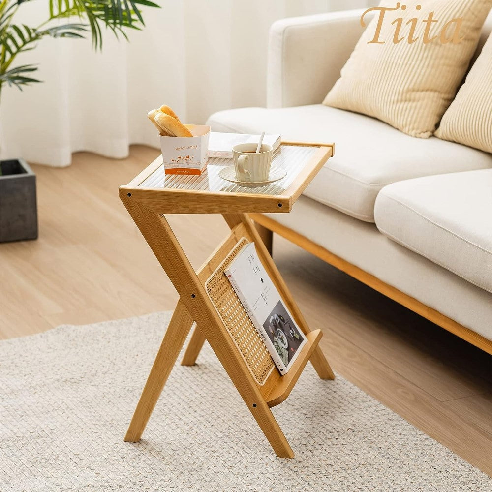 Side Table Rotan Rattan Side Table Rustic Wood Glass Coffee Table – Homyspire