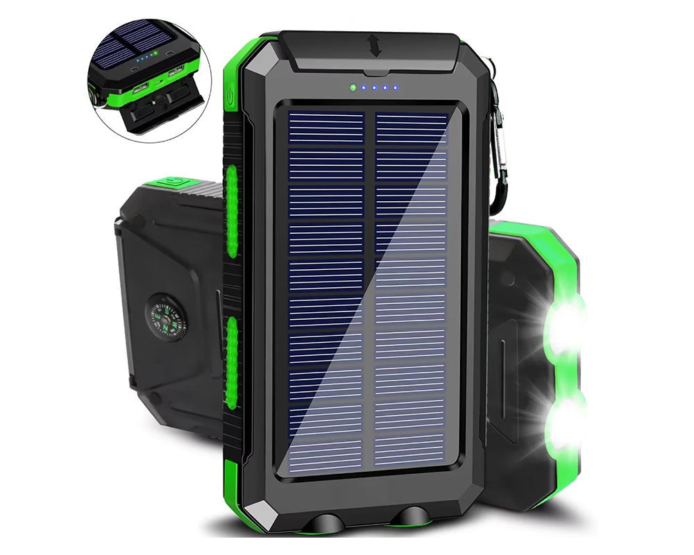 Portable solar power bank showing dual 5V USB outputs